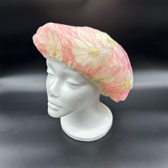 Vintage Shower Cap Flower Power 1970s Pink Floral Daisy Plastic Retro Head Hair - Picture 1 of 9